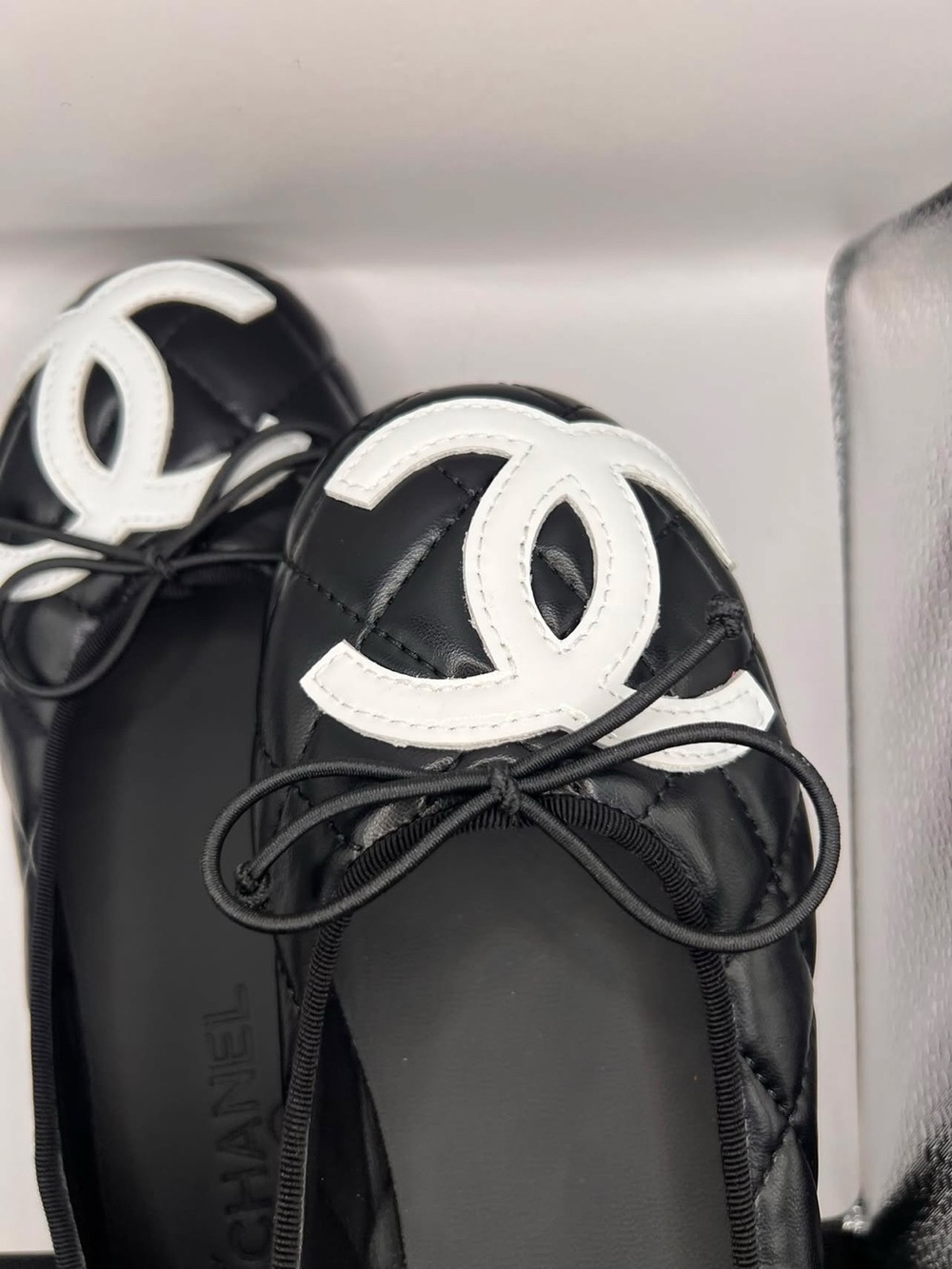 Black Quilted Leather Ballet Flats with White CC Logo - Picture 4 of 7